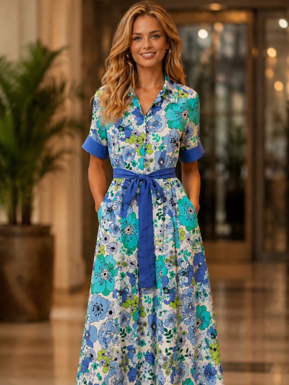NWT Perlavera Nona Maxi Midi Length Shirt Dress Spring Bloom Floral Size SMALL